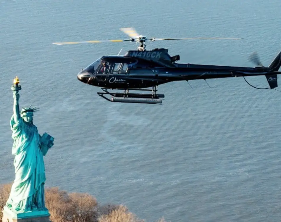 Helicopter flying over Liberty Island
