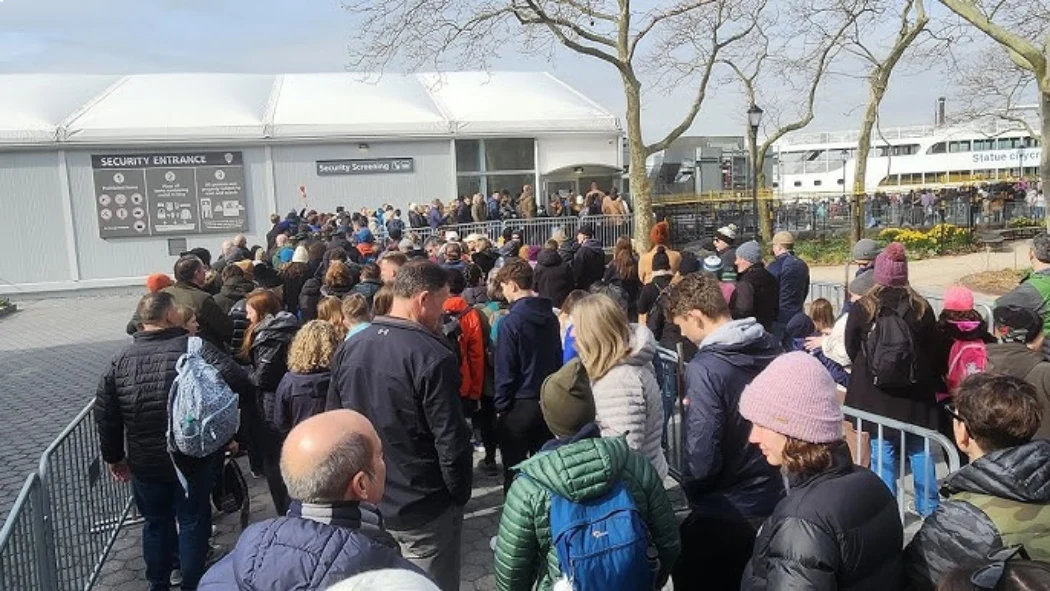 Visitors at the security entrance at Battery Park before boarding the ferry
