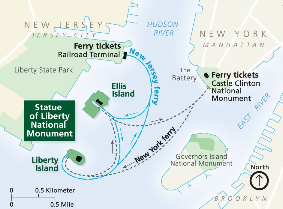 The map of the Statue of Liberty ferry routes
