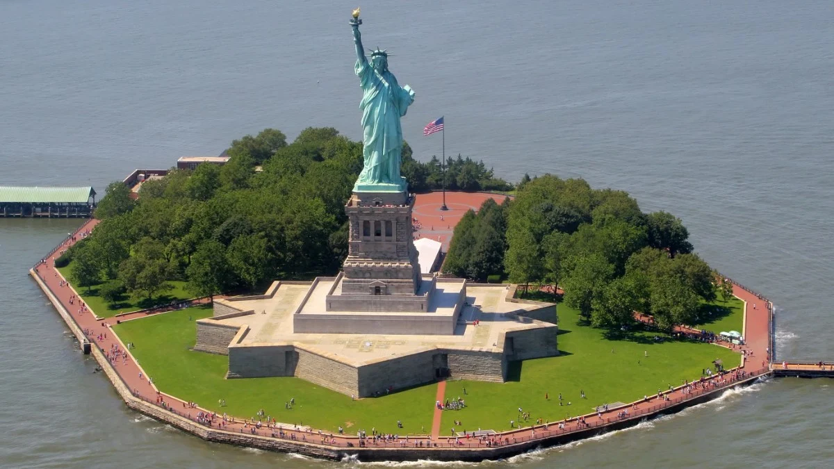 The aerial view of the Statue of Liberty