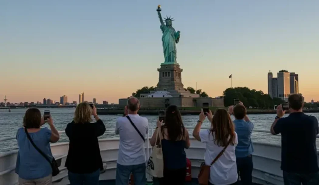 Visitors on the brunch cruise taking pictures of the Liberty Statue